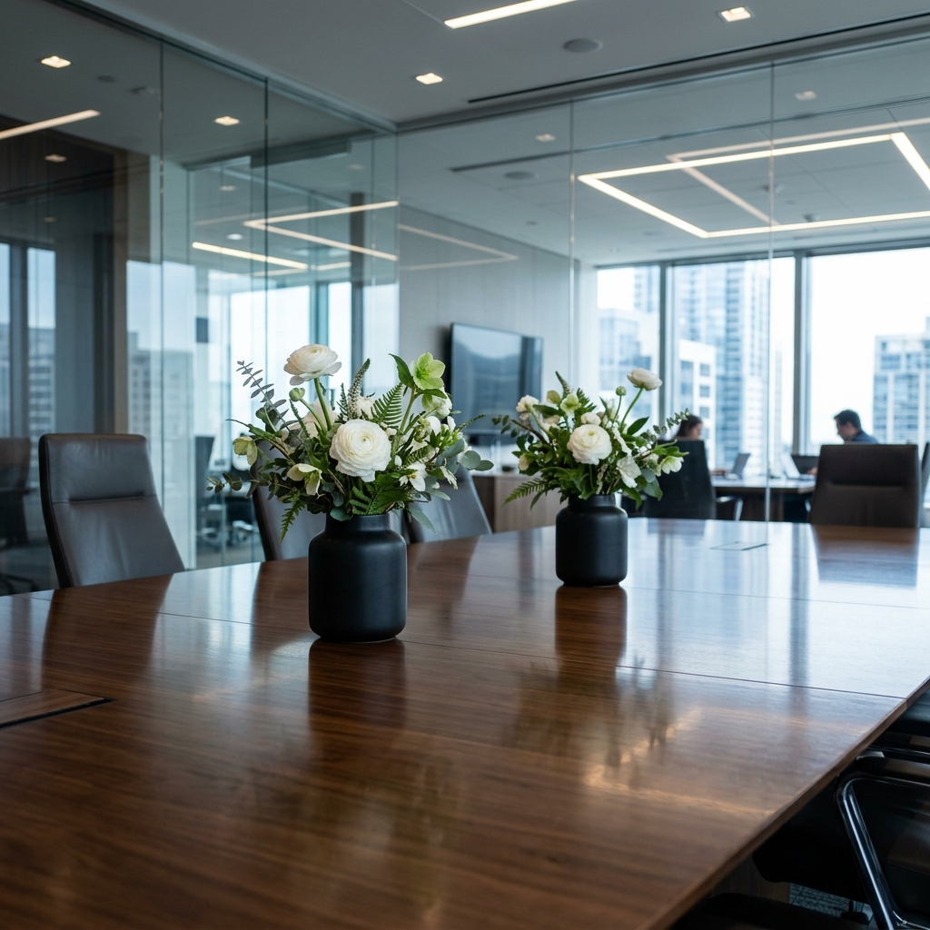 Sleek matching minimalist floral arrangements in matte black vases on a boardroom table